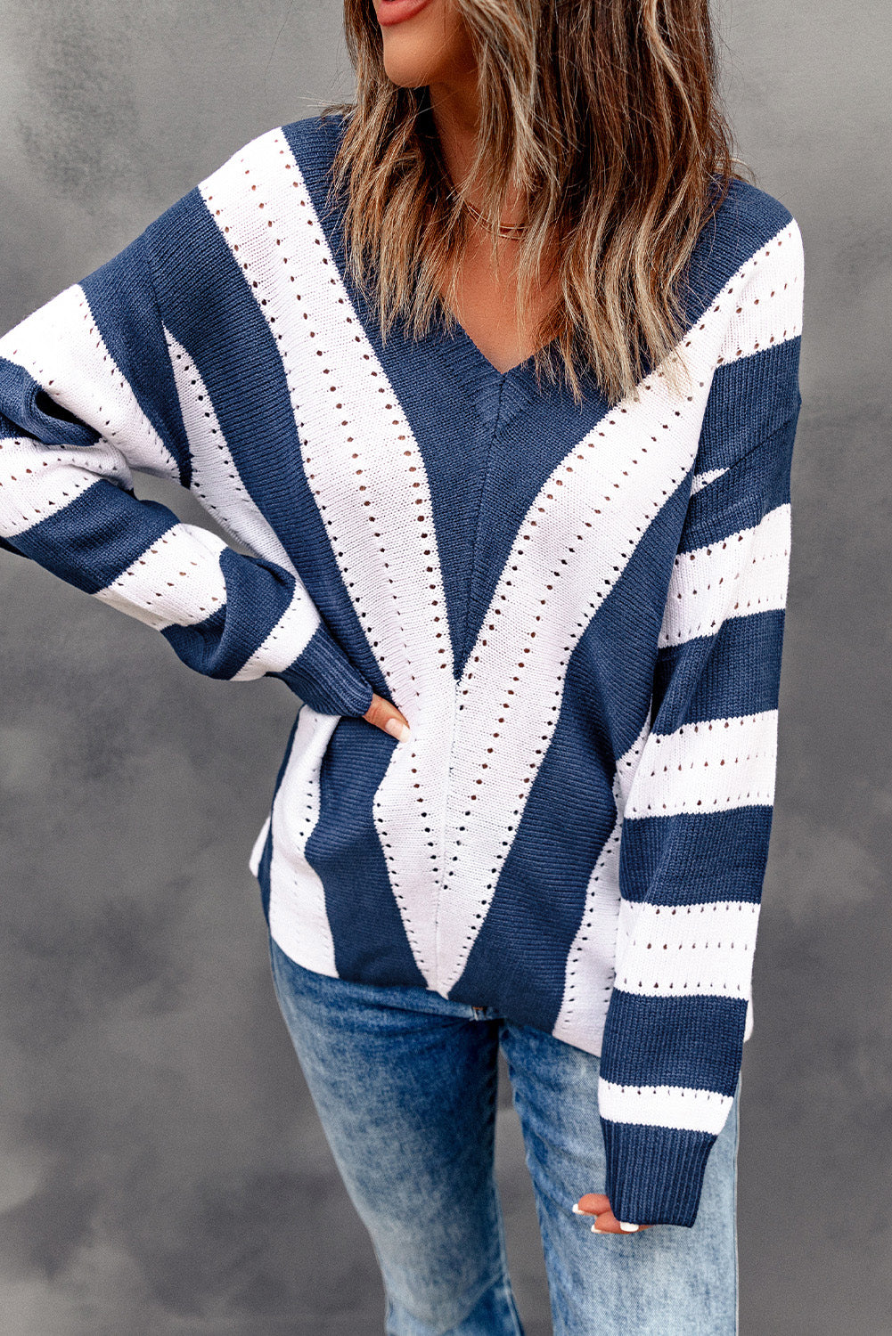 Blue Striped V-Neck Knitted Sweater