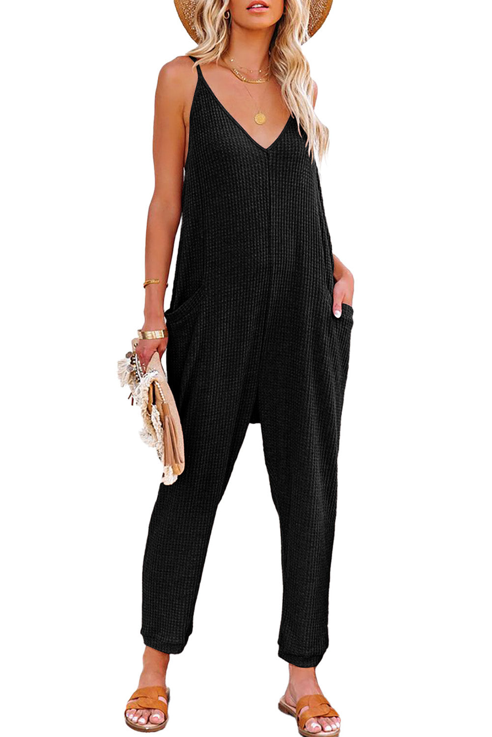 Jumpsuit informal de bolsillo de bolsillo con cuello en V con cuello en V negro con cuello