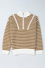 Khaki striped sweater with zipped collar and dropped shoulders