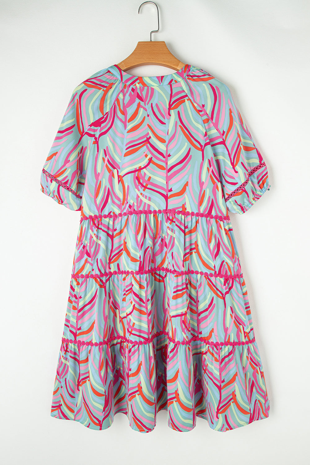 Light Blue Abstract Printed Ricrac Tiered Puff Sleeve Dress