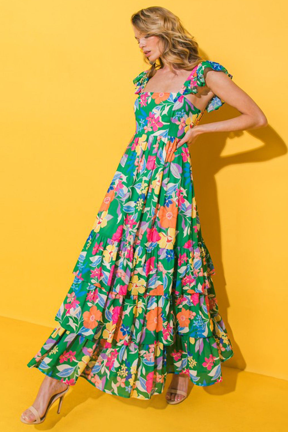 Robe longue à volants et à volants sans manches à imprimé floral vert