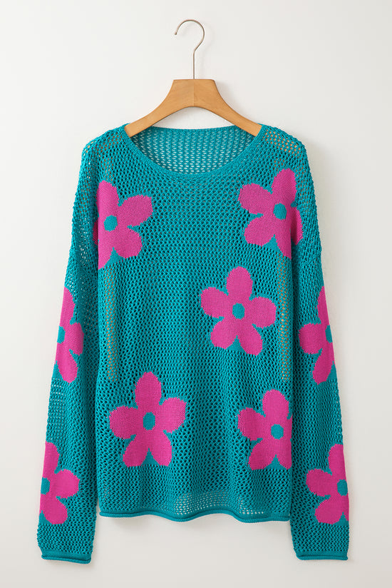 Dropped shoulder sweater in openwork knit with large sea green flower