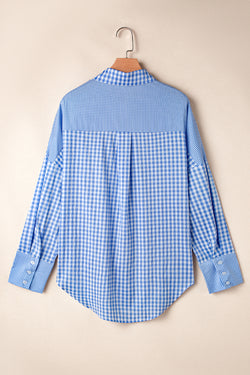 Long sleeve shirt buttoned in patchwork for tiles and sky blue stripes