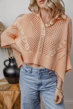 Pull with 3/4 dolman buttonhole in hollow pink knitting apricot