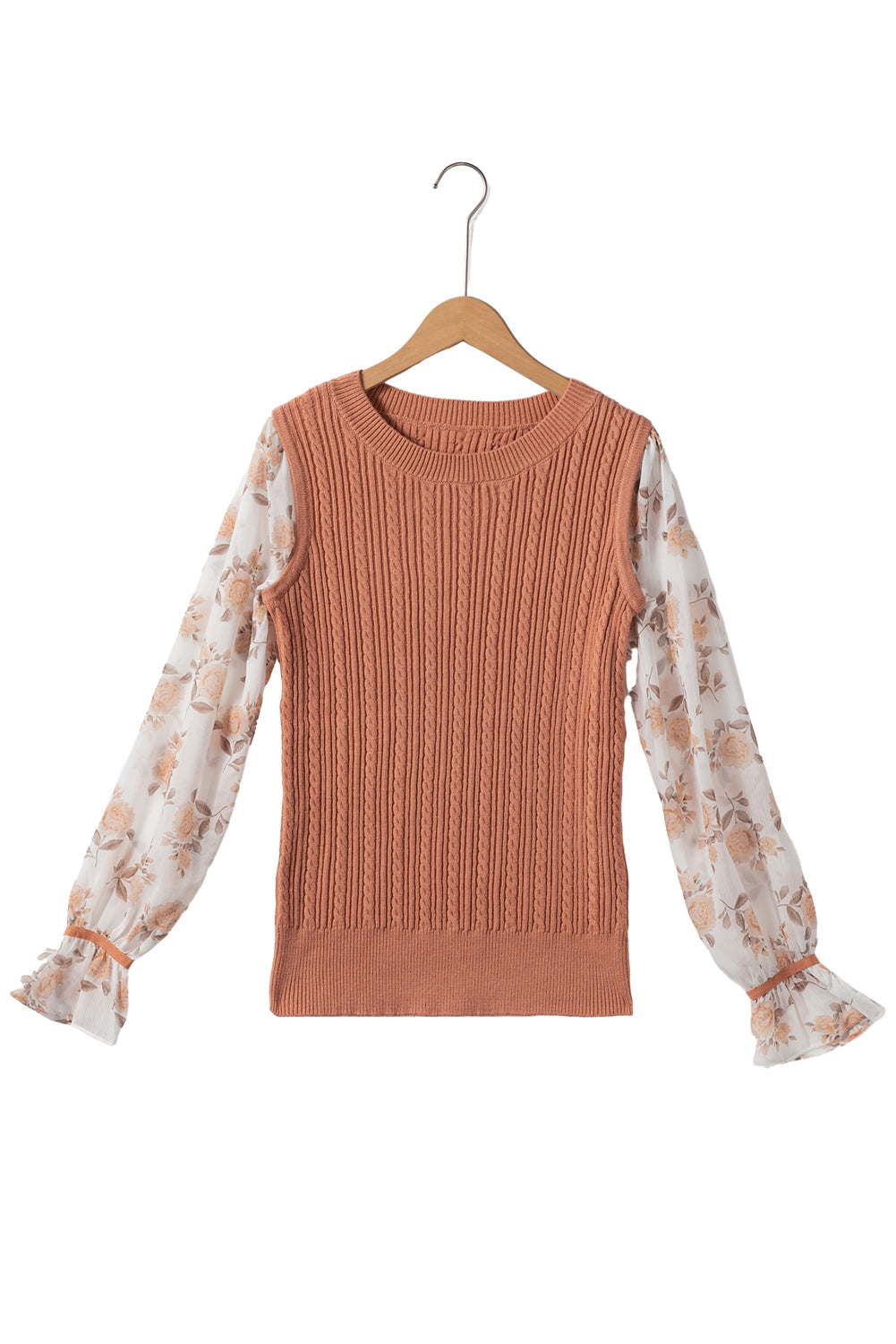 Golden Floral Patchwork Ruffled Cuff Cable Knit Sweater