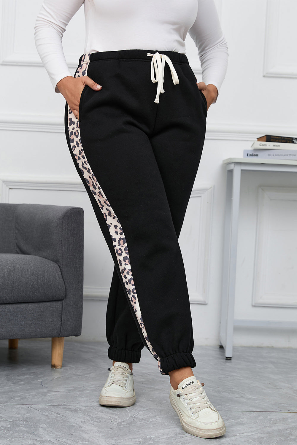 Black Plus Taille Contrast Leopard Side Panel Joggers