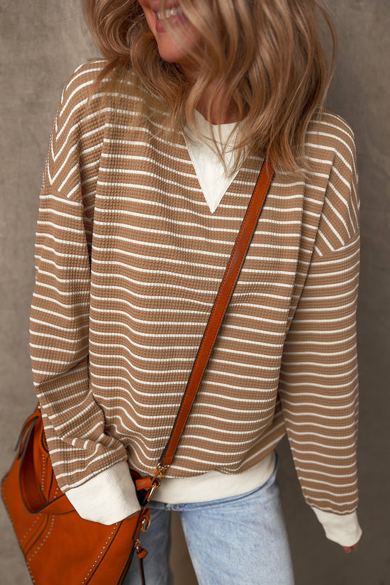 Khaki Textured Striped Crew Neck Long Sleeve Top with Patched Edges