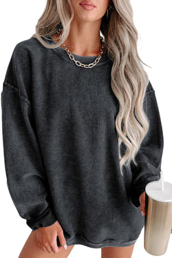 Black plain ribbed knit crew neck sweatshirt