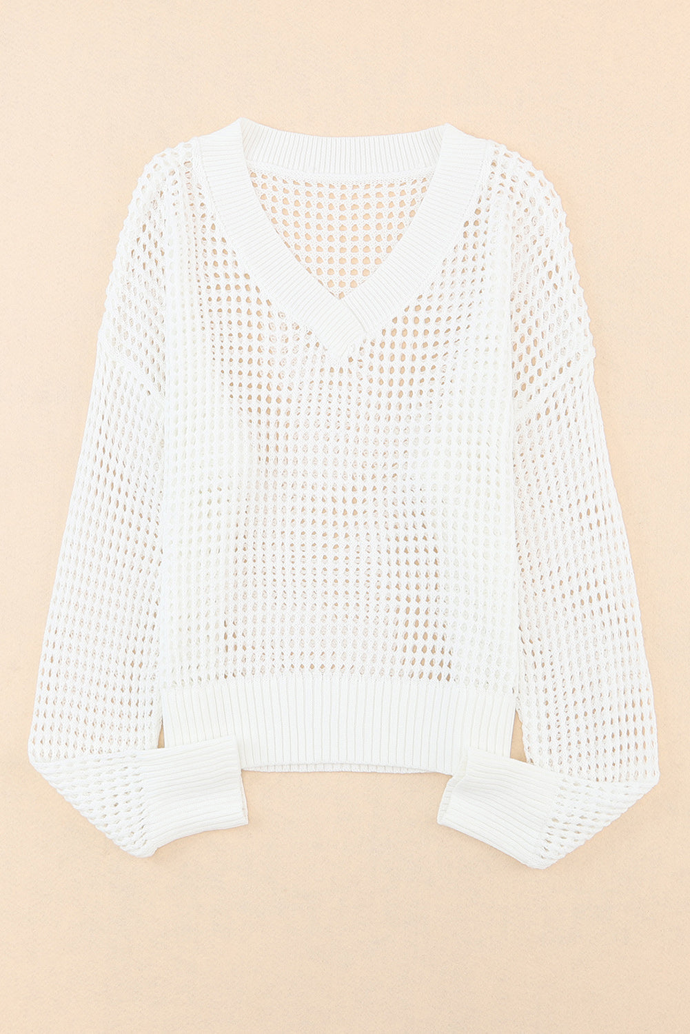 White Hollow Out Knitted Loose Fit V Neck Sweater