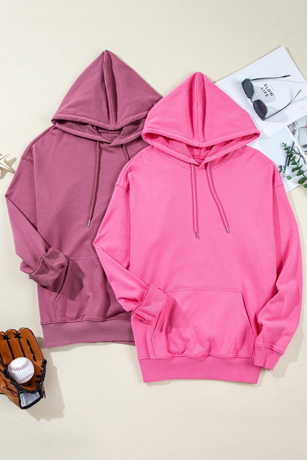 Bonbon Solid Kangaroo Pocket Drawstring Loose Fit Hoodie