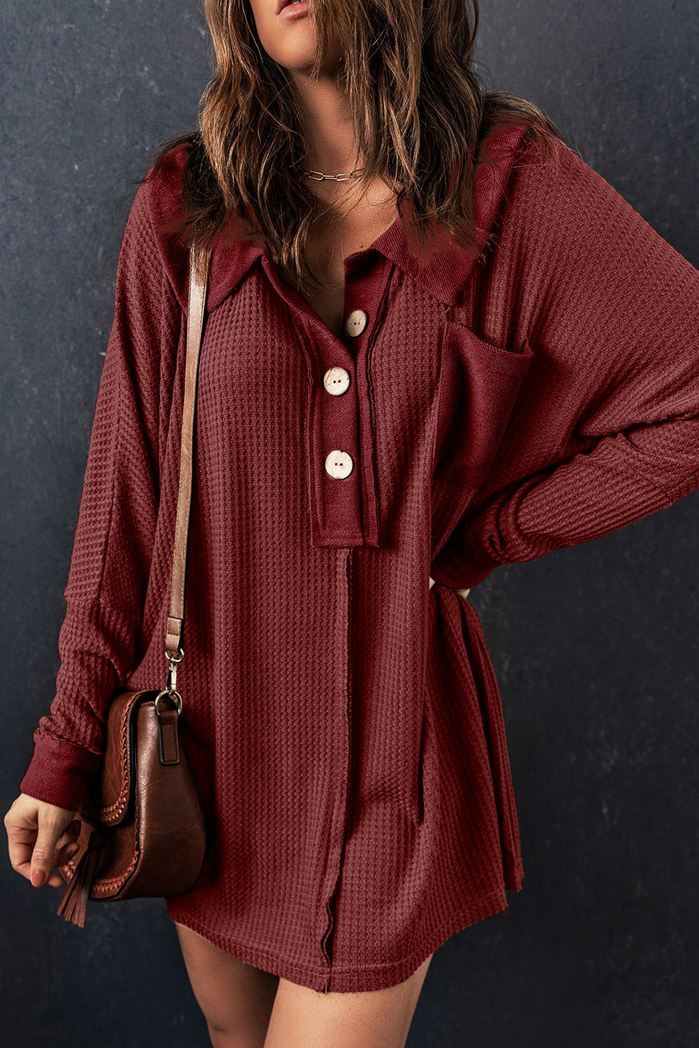 Red Waffel strickte Buttoned Long Sleeve Top