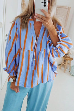 Bully -shaped sluggish sleeve buttoned shirt with sky blue stripes