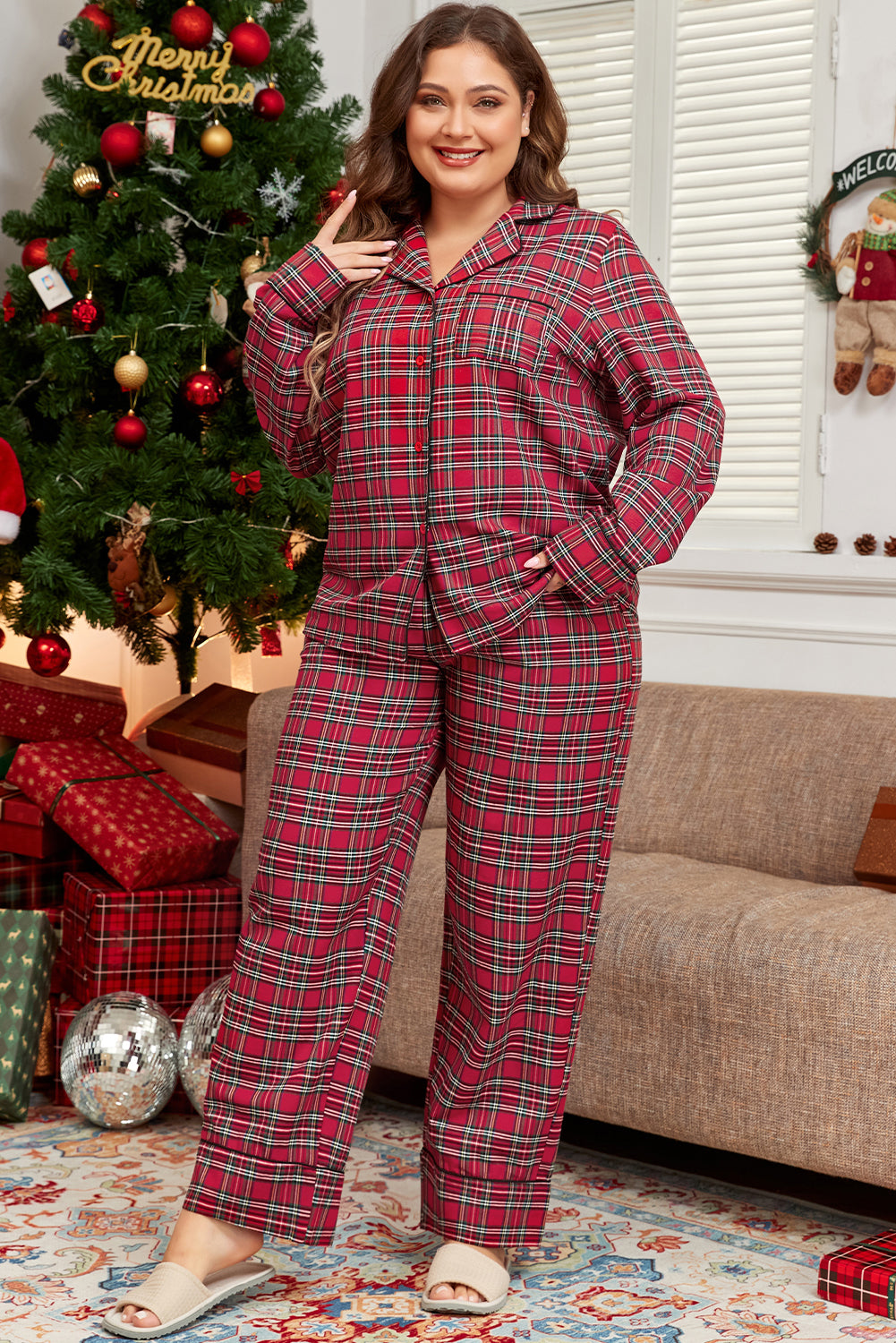 Plus Size Red Plaid Printed Shirt and Pants Lounge Set