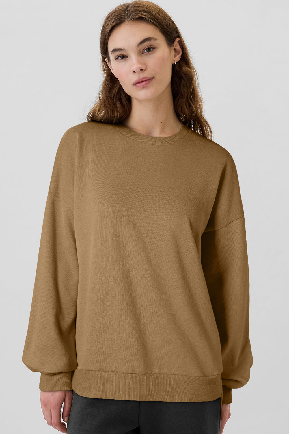 Solid camel fleece lined sweatshirt with dropped shoulders, top and bottom