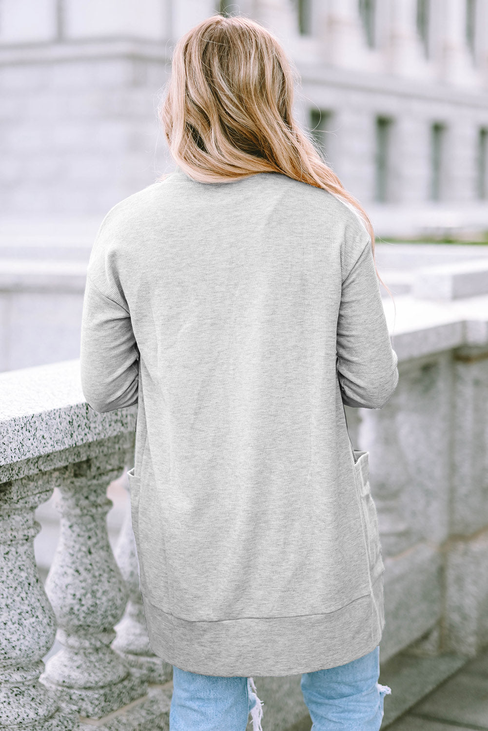 Light Grey Thermal Waffle Knit Pocket Cardigan