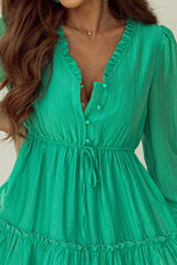 Straight ruffled mini dress with v-neck, puff sleeves, drawstring, sea green