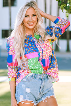 Multicolored floral print puffy sleeve shirt