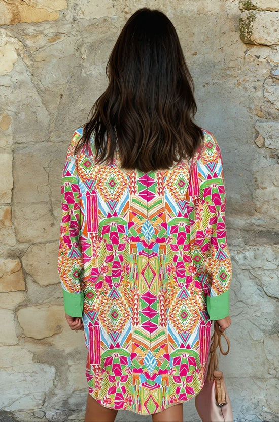 Orange Straight Shirt Dress with Western Geometric Print