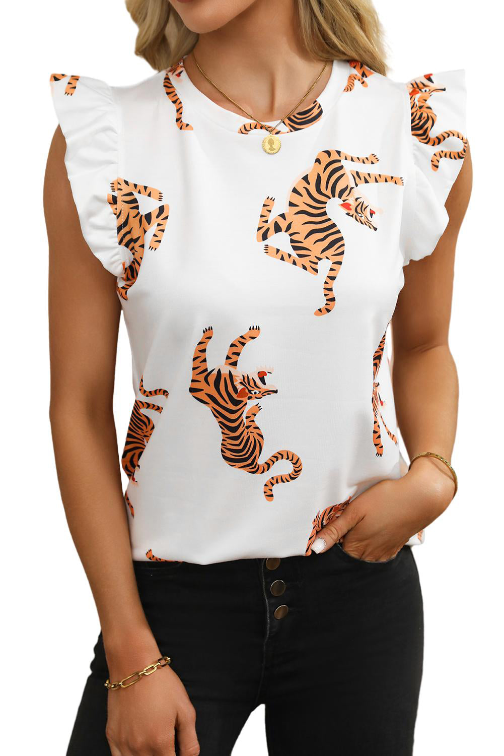 Blusa de la manga del tigre tigre blusa de la tripulación