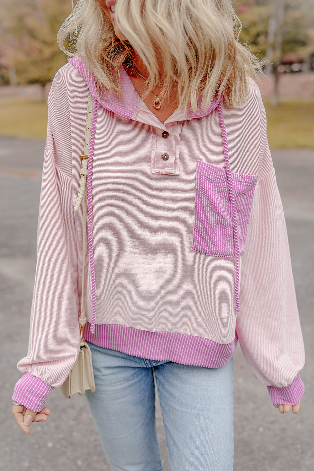 Light Pink Corded Colorblock Patch Pocket Drawstring Hooded Top