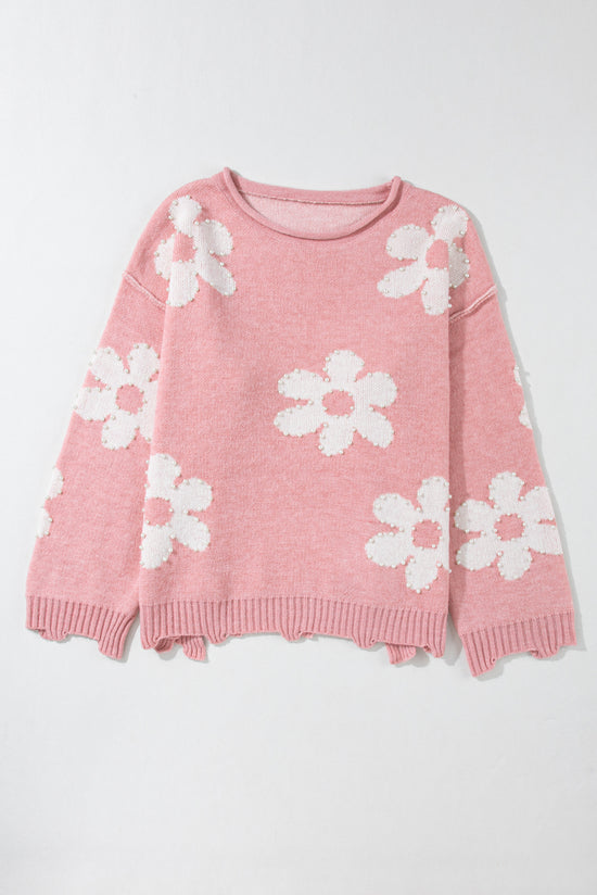 Multicolored shoulder sweater and pearl flowers