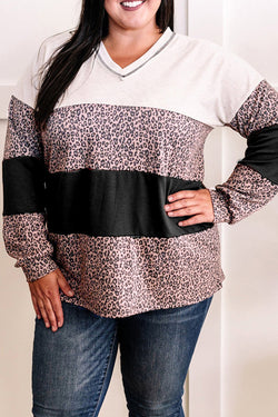 Bloque de color de leopardo de impresión negra negra con mangas largas y collar grande en V -neck