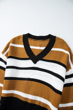 Brown Contrast Stripe Textured Knit V-Neck Sweater