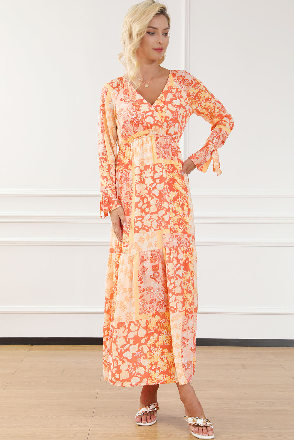 Orange Boho Floral Wrap V Corcha con cuello Vestido de manga larga