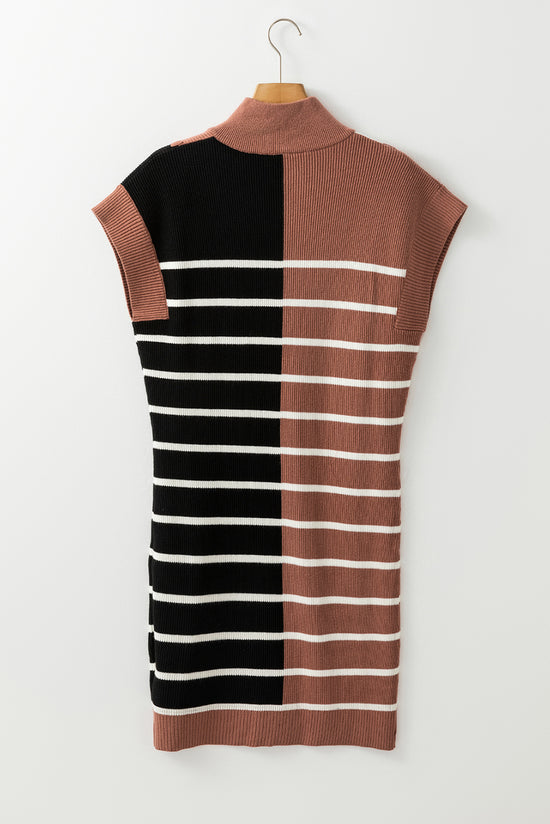 Black striped sweater dress and colored blocks, zipped collar, short sleeves