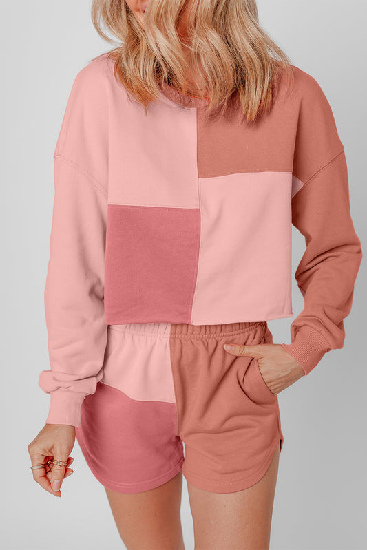 Peach Blossom Color Block Patchwork Long Sleeve Shorts Outfit