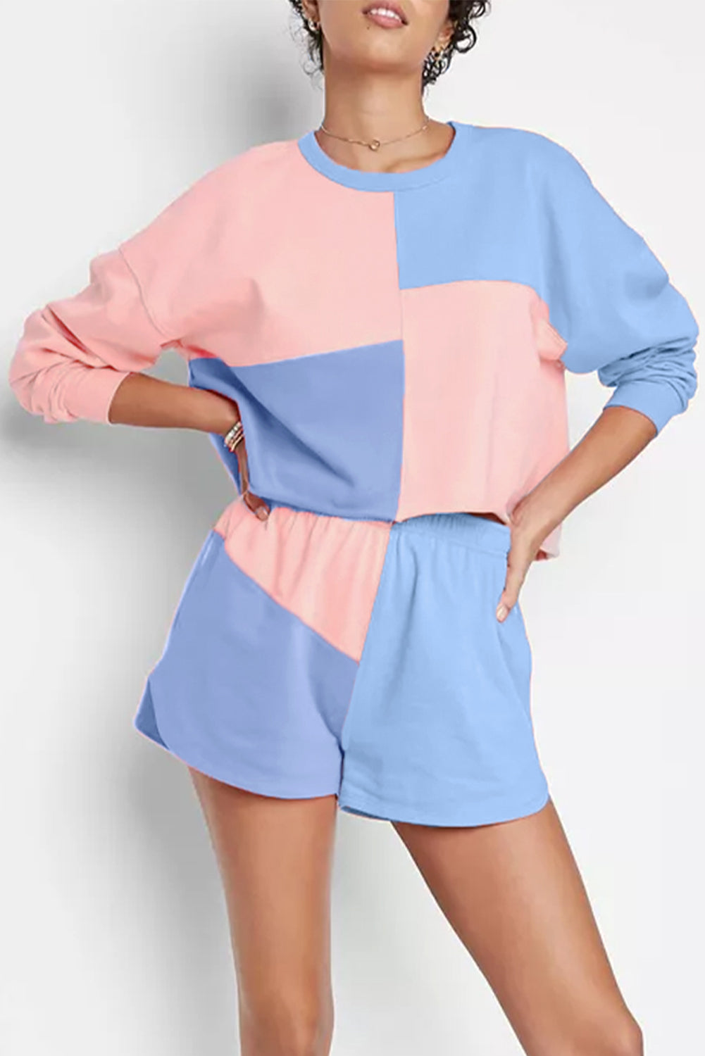 Sky Blue Color Block Patchwork Long Sleeve Shorts Outfit