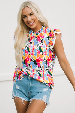 Multicolored high with abstract print and high -sleeved collar floating