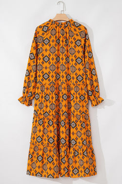 Orange Western Geometric Print Midi Dress with Tiered Ruffles, Loose Fit