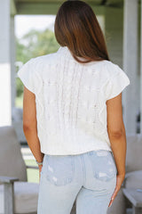 Short sleeve sweater in white twisted knitted with bow tie in satin color block