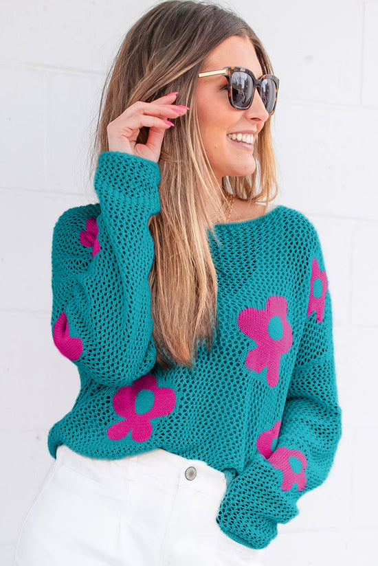 Dropped shoulder sweater in openwork knit with large sea green flower