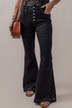 Black high waisted flared jeans with button front