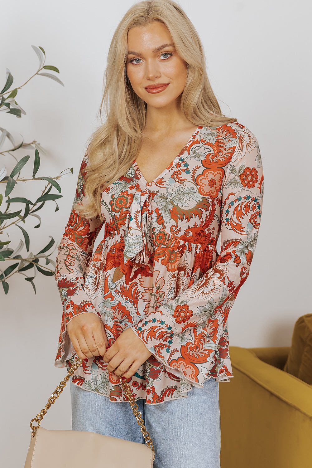 Chemisier orange à imprimé floral et col en V *-A WOMAN WE LOVE
