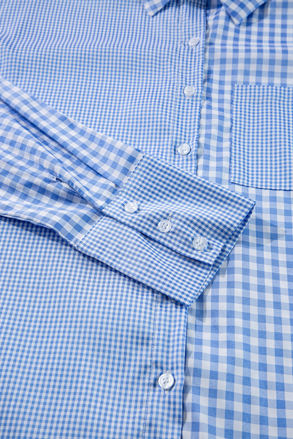 Sky Blue Streifen Plaid Patchwork -Knopf auf Langarm Shirt