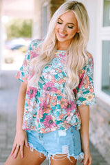 High fluid with short sleeves printed Bohemian multicolored flowers