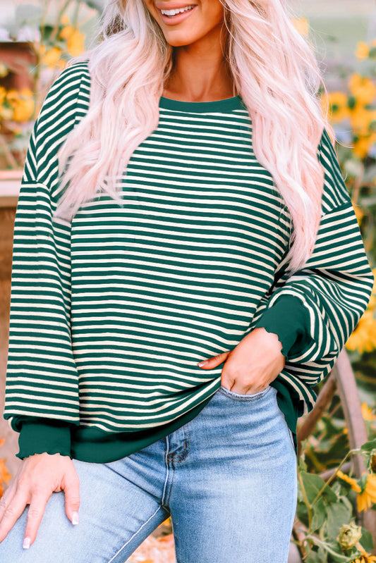 Green Striped Drop Shoulder Long Sleeve Top