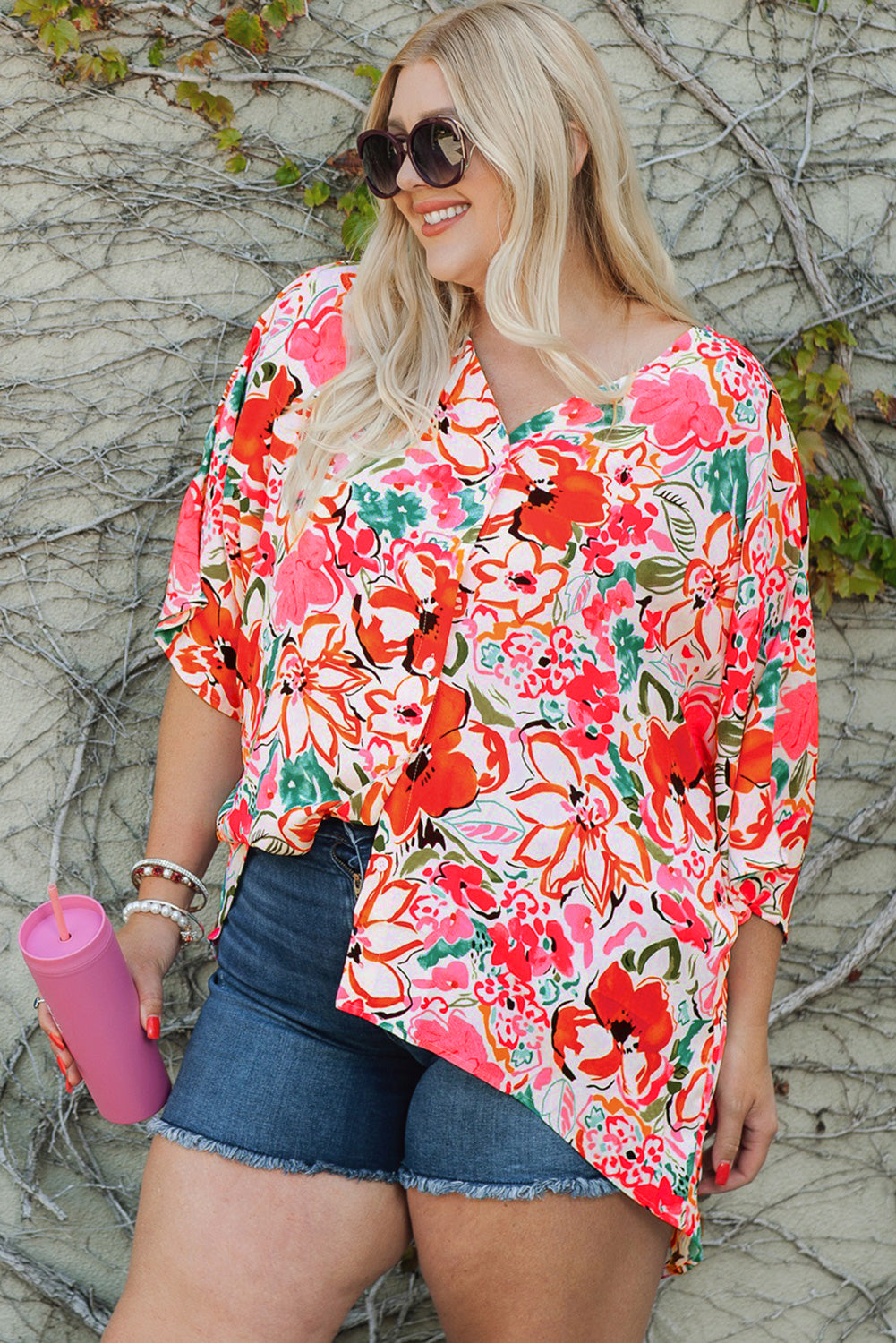 Rose Plus Taille à imprimé floral Shirt Kimono