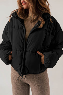 Black zipped down jackets with drawstring hem