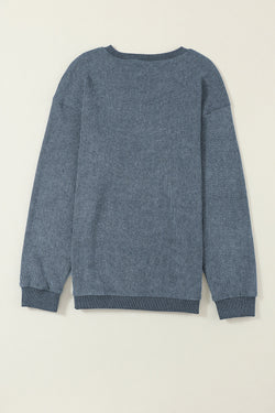 Plain blue ribbed knit crew neck sweatshirt