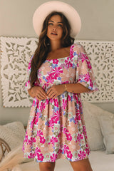 Vestido de babydoll de verano de flores, cuello cuadrado, mangas hinchadas, rosa