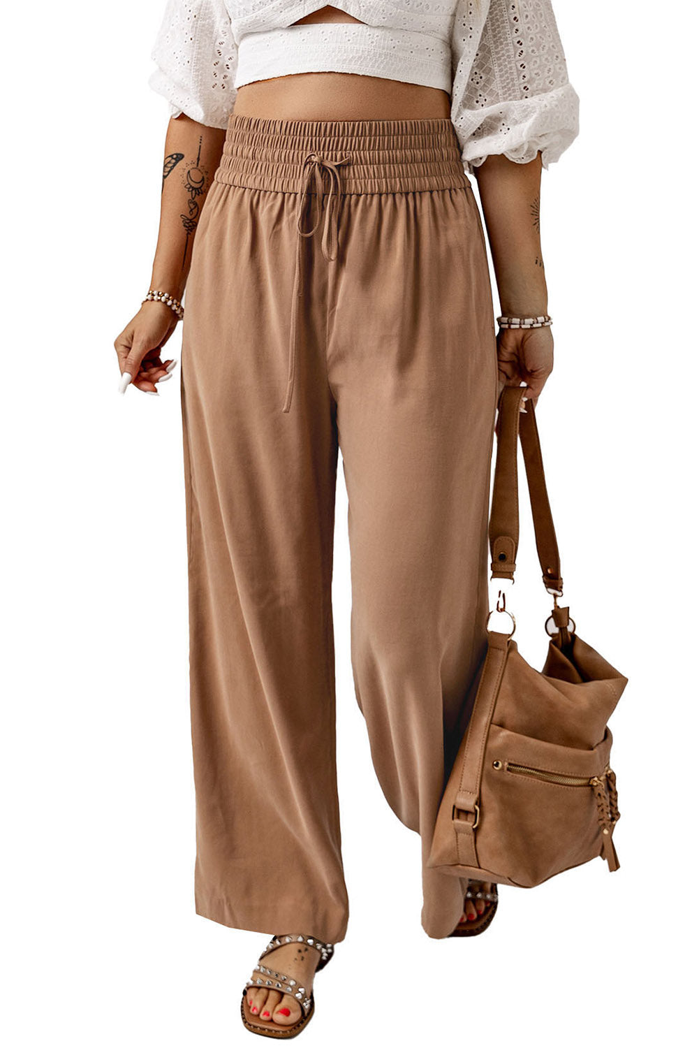 Brown Drawstring Elastic Waist Casual Wide Leg Pants