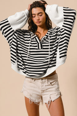 Black and White Oversized Striped Henley Button-Down Dolman Sleeve Hoodie Top