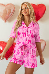 Ensemble pyjama rose avec chemise à manches mi-longues et short à imprimé nœud-A WOMAN WE LOVE