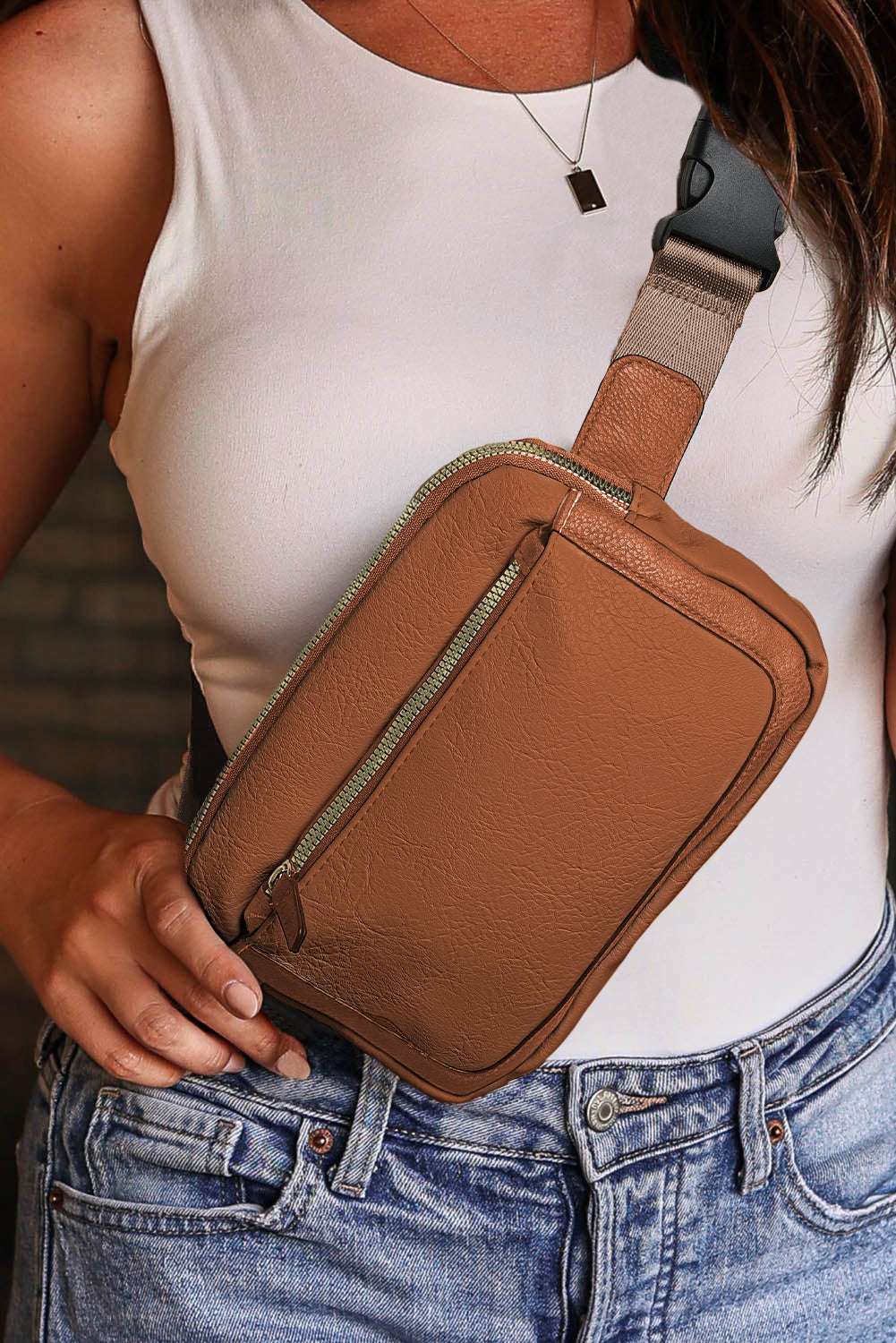 Borsa incrociata multi-zip minimalista di cammello