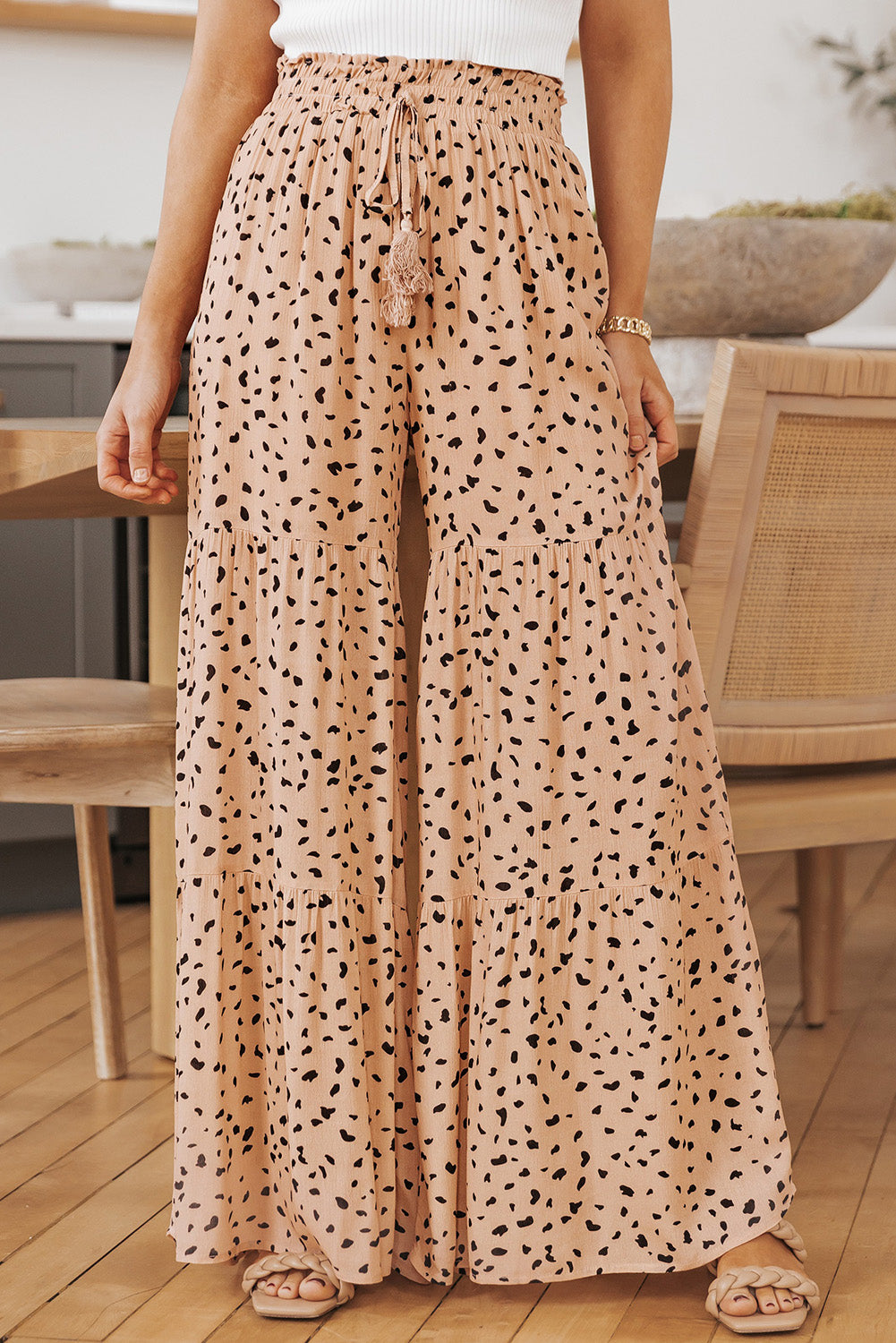 Brown Dalmatian Palazzo Pants with Ruffles and Wide Leg