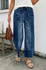 Pantalon en jean tendance à jambes larges et taille élastiquée bleu
